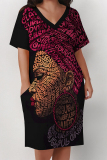 Yellow Street Letter Print portrait Pocket Contrast V Neck Printed Plus Size Dresses