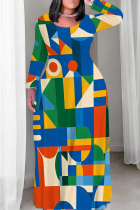Blue Yellow Casual Print Patchwork O Neck Long Plus Size Dresses