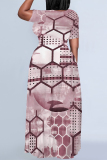 Gold Casual Geometric Print Chain print Pocket Contrast O Neck Printed Plus Size Dresses