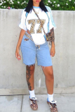 Blue Casual Leopard Print Patchwork Contrast O Neck T-Shirts