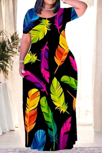 Colour Casual Leaves feather Pocket Contrast O Neck Printed Plus Size Dresses