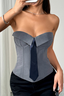 Grey Sexy Patchwork Strapless Tops