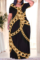 Gold Casual Geometric Print Chain print Pocket Contrast O Neck Printed Plus Size Dresses