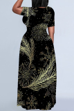 Gold Casual Geometric Print Chain print Pocket Contrast O Neck Printed Plus Size Dresses