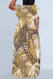 Pink Casual Leaves feather Pocket Contrast O Neck Printed Plus Size Dresses