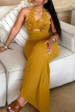 Black Sexy Solid Color Flowers Hollow Out Lace Up Backless Halter Long Dresses