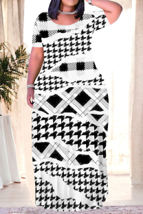 Black And White Casual Geometric Print Chain print Pocket Contrast O Neck Printed Plus Size Dresses