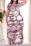 Gold Casual Geometric Print Chain print Pocket Contrast O Neck Printed Plus Size Dresses