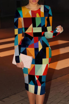 Tibetan Blue Casual Print Patchwork O Neck Wrapped Skirt Dresses