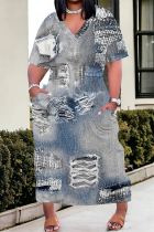 Light Blue Casual Faux Denim Print Distressed Pocket Contrast V Neck Printed Plus Size Dresses
