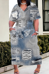 Light Blue Casual Faux Denim Print Distressed Pocket Contrast V Neck Printed Plus Size Dresses