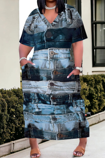 Blue Casual Faux Denim Print Distressed Pocket Contrast V Neck Printed Plus Size Dresses