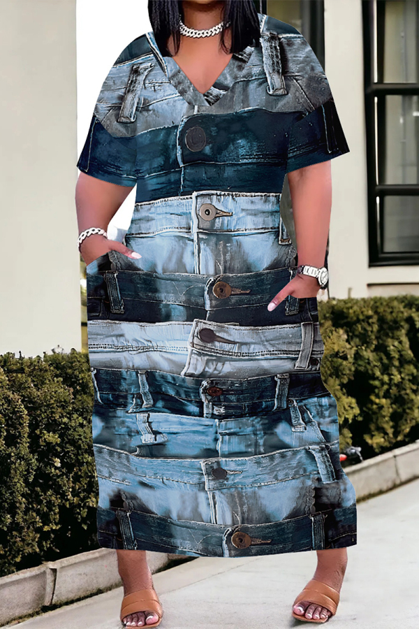 Blue Casual Faux Denim Print Distressed Pocket Contrast V Neck Printed Plus Size Dresses