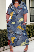 Navy Casual Faux Denim Print Distressed Pocket Contrast V Neck Printed Plus Size Dresses