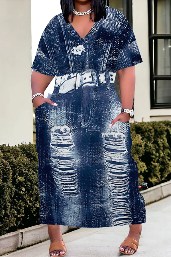 Deep Blue Casual Faux Denim Print Distressed Pocket Contrast V Neck Printed Plus Size Dresses