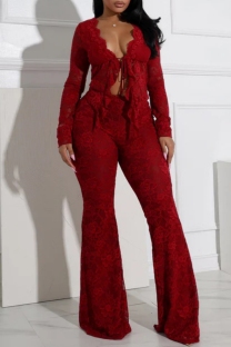 Red Sexy Hot Solid Color Lace Belted Long Sleeve Two Pieces