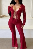 Red Sexy Hot Solid Color Lace Belted Long Sleeve Two Pieces
