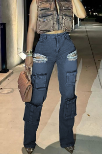 Blue Casual Solid Color Fringed Trim Pocket Patchwork Straight Mid Waist Patchwork Bottoms