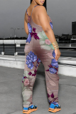 White Green Casual Floral Print Pocket Contrast U Neck Loose Jumpsuits