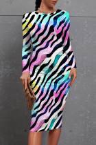 Blue Pink Casual Print Patchwork O Neck Wrapped Skirt Dresses