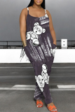 Black Casual Cartoon Print Pocket Contrast U Neck Loose Jumpsuits