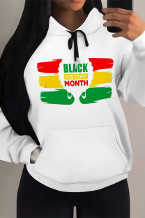 Red Green Casual Letter Print Draw String Pocket Hooded Tops