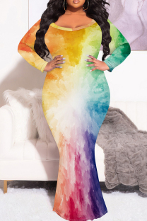 Multicolor Casual Print Patchwork O Neck Long Plus Size Dresses