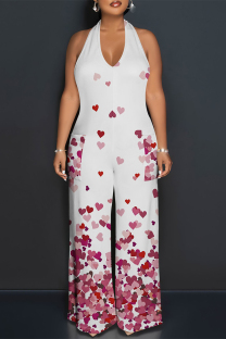 White Casual Plaid Polka Dot Heart Shaped Print Pocket Backless Halter Loose Jumpsuits