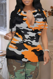 Grey Casual Camouflage Print Slit Contrast V Neck T-Shirts