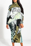 Multicolor Elegant Geometric Print Flowers Contrast Turtleneck Printed Dresses