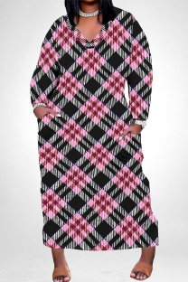 Black Red Street Geometric Print Faux Denim Print Distressed Pocket Contrast V Neck Printed Plus Size Dresses