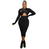 Black Sexy Solid Hollowed Out Patchwork V Neck One Step Skirt Dresses