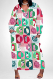 Dark Brown Casual Graffiti Print Pocket Contrast V Neck Printed Plus Size Dresses