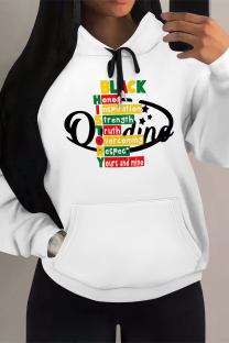 White Black Casual Letter Print Draw String Pocket Hooded Tops