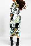 Multicolor Elegant Geometric Print Flowers Contrast Turtleneck Printed Dresses