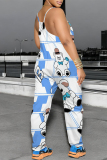 Black Casual Cartoon Print Pocket Contrast U Neck Loose Jumpsuits