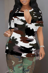 White Casual Camouflage Print Slit Contrast V Neck T-Shirts