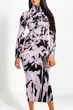 Multicolor Elegant Geometric Print Flowers Contrast Turtleneck Printed Dresses