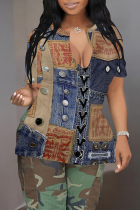 Dark Blue Casual Faux Denim Print Slit V Neck T-Shirts