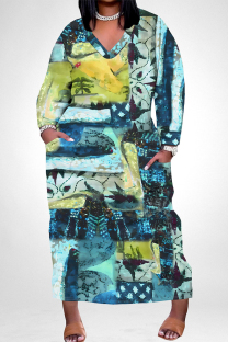 Gray Blue Street Geometric Print Faux Denim Print Distressed Pocket Contrast V Neck Printed Plus Size Dresses