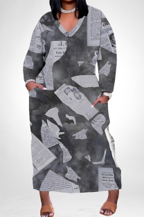 White Grey Street Geometric Print Faux Denim Print Distressed Pocket Contrast V Neck Printed Plus Size Dresses