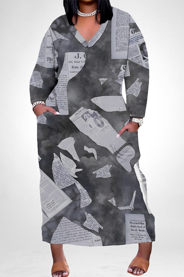 White Grey Street Geometric Print Faux Denim Print Distressed Pocket Contrast V Neck Printed Plus Size Dresses