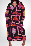 Black Red Street Geometric Print Faux Denim Print Distressed Pocket Contrast V Neck Printed Plus Size Dresses