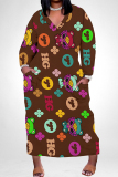 Dark Brown Casual Graffiti Print Pocket Contrast V Neck Printed Plus Size Dresses