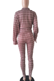Brown Casual Print Patchwork Turndown Collar Long Sleeve Two Pieces