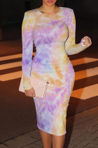 Purple Orange Casual Print Patchwork O Neck Wrapped Skirt Dresses