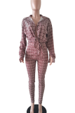Brown Casual Print Patchwork Turndown Collar Long Sleeve Two Pieces