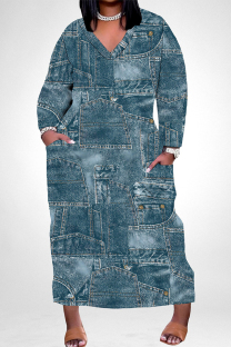 Navy Street Geometric Print Faux Denim Print Distressed Pocket Contrast V Neck Printed Plus Size Dresses
