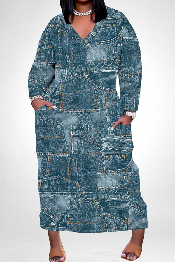 Navy Street Geometric Print Faux Denim Print Distressed Pocket Contrast V Neck Printed Plus Size Dresses