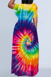 Red Green Casual Print Patchwork O Neck Long Plus Size Dresses